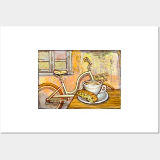 Cream Electra Town bicycle with cappuccino and biscotti Posters and Art